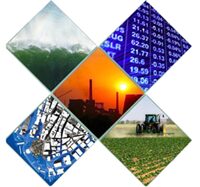 A collage of nature, technology, agriculture, and urban scenes in diamond shapes.