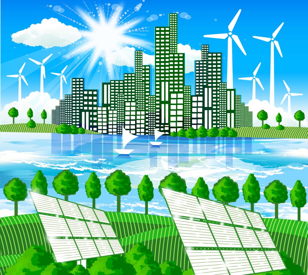 Eco-friendly city with solar panels and wind turbines by the water.