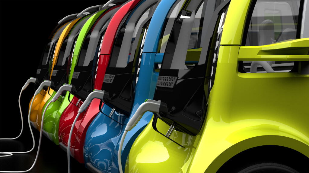 Different colors of electric vehicles are shown