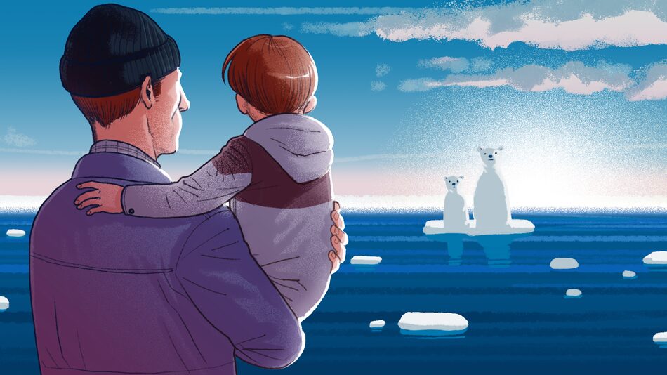 A man holding a child watching polar bears on ice floes under a blue sky.