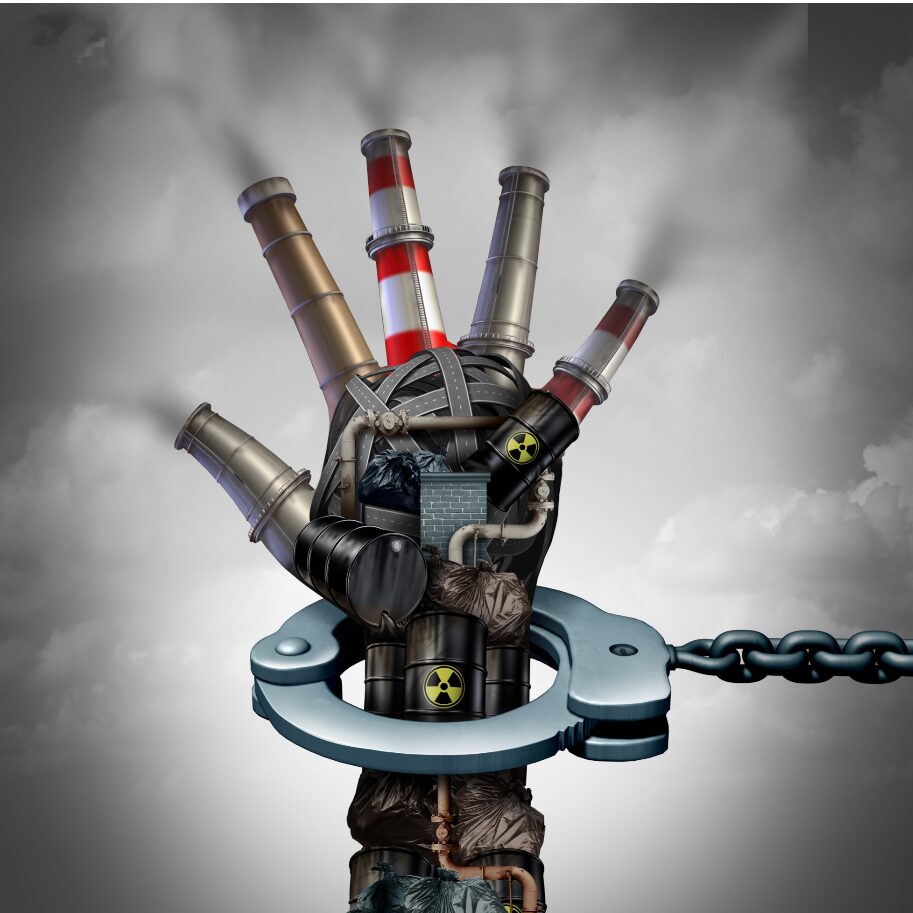 A mechanical hand clutching industrial pipes and gears against a cloudy sky.