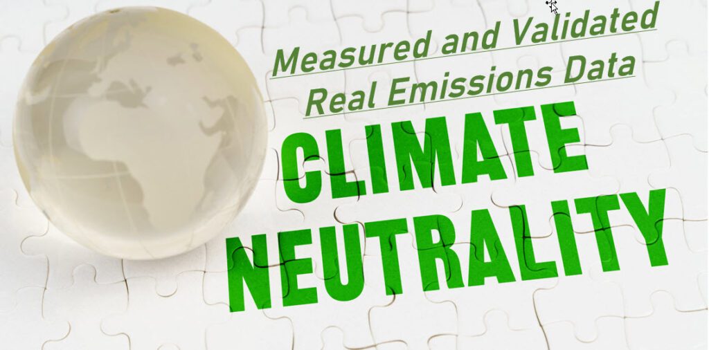 Climate neutrality text with globe illustration.