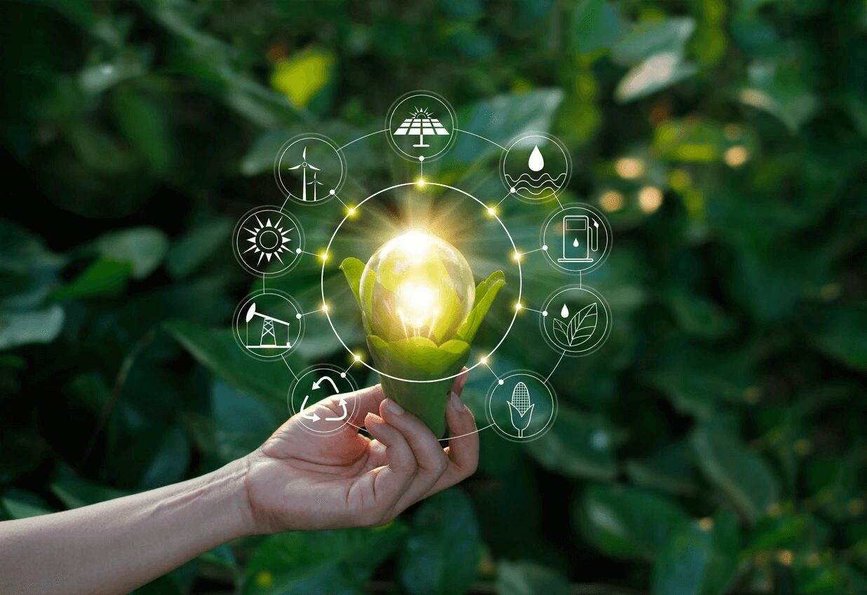 Hand holding a glowing orb with technology icons against greenery.