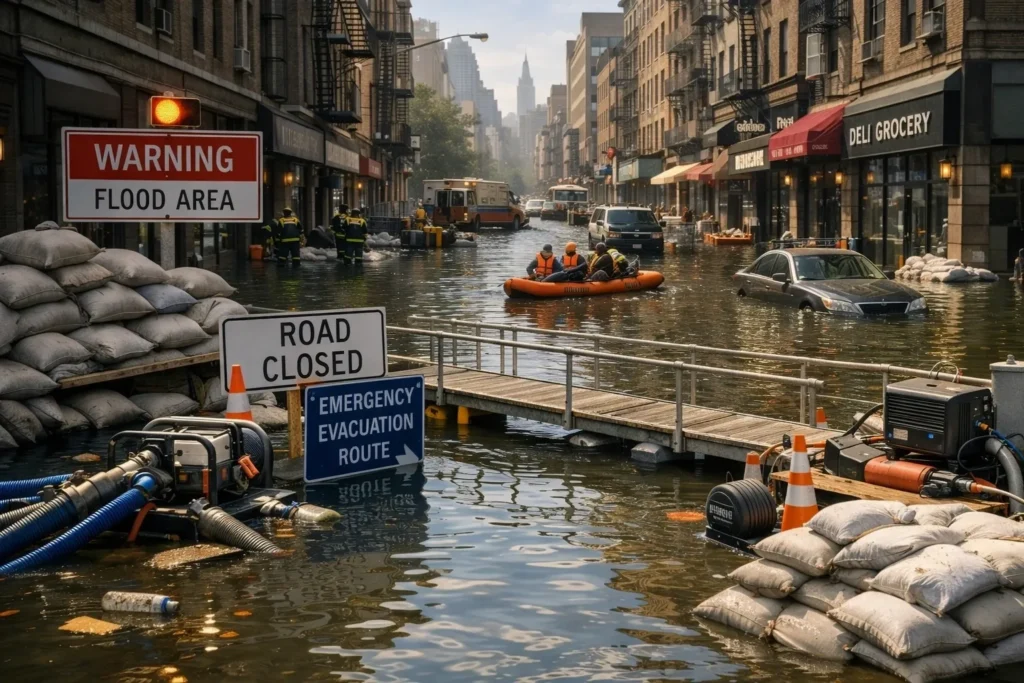 Flooded city street with rescue raft and sandbags