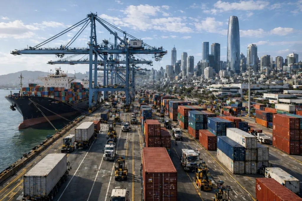 Busy container port with cranes and city skyline