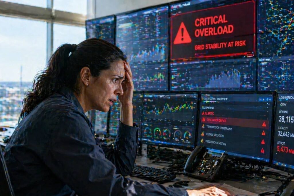 Operator monitoring critical grid overload warning